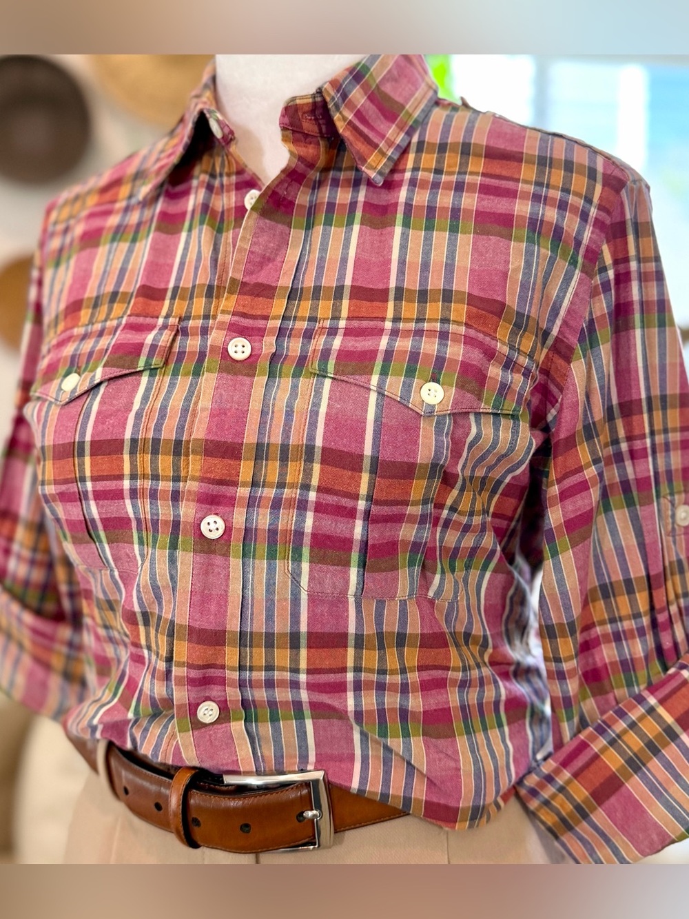 Ralph Lauren Sport Women’s 4 Madras Plaid Button Down Cotton Shirt Preppy - Picture 3 of 10
